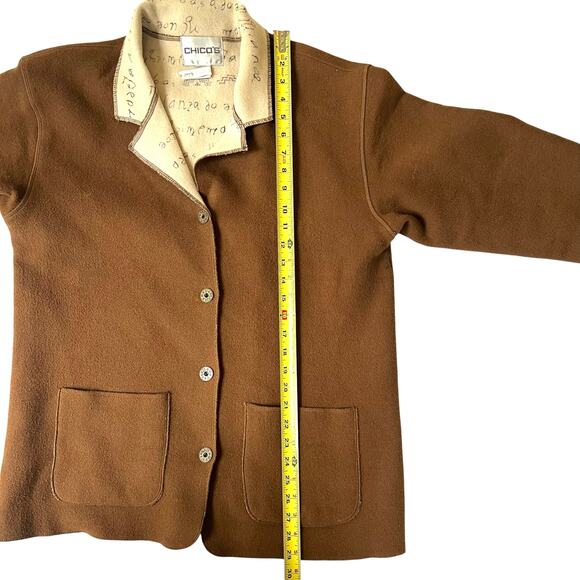 Chico’s Wool Blend Button Jacket Hieroglyphic Print Lining Brown Size 1 (M) - Picture 9 of 12